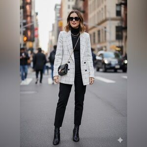 Le Chateau Open Front Tweed Blazer White Black Windowpane Medium New with Tags